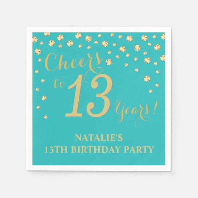 13th Birthday Party Teal and Gold Diamond Napkins (Front)