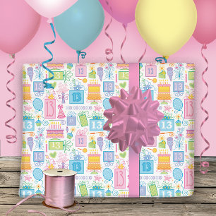 13th Birthday Pastel Pink Cake Presents Balloons Wrapping Paper Sheet