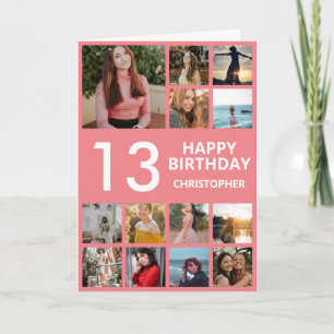 13th Birthday Photo Collage 13 Photos Pink & White Card