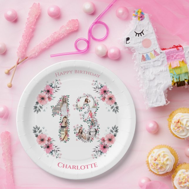 13th Birthday Photo Collage Girl Pink Flower White Paper Plate (Party)