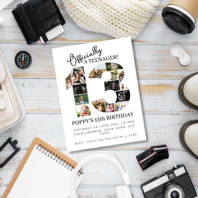 13th Birthday Photo Collage Invitation Postcard |  (Creator Uploaded)