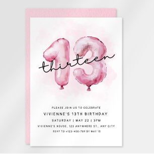 13th Birthday Pink Balloon Invitation