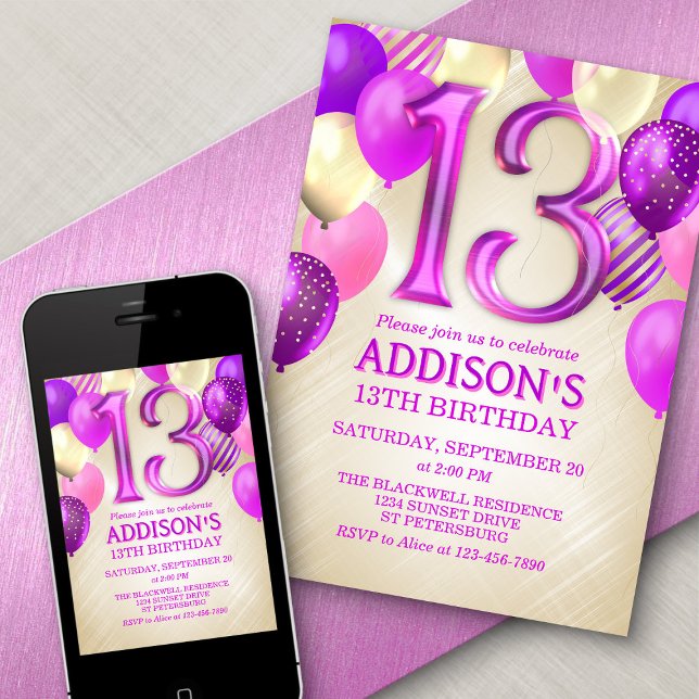 13th Birthday Pink Balloons Invitation (Creator Uploaded)