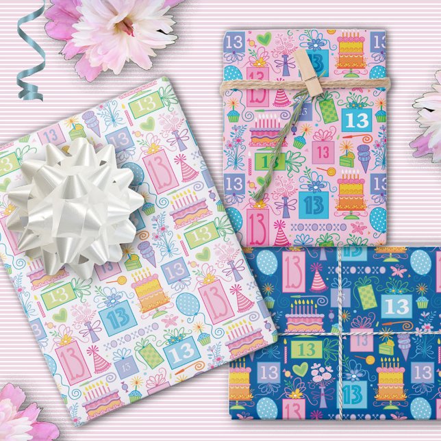 13th Birthday Pink Cake Presents Balloons  Wrapping Paper Sheet (Creator Uploaded)
