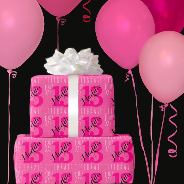 13th Birthday Pink Custom Name Typography  Wrapping Paper (Creator Uploaded)