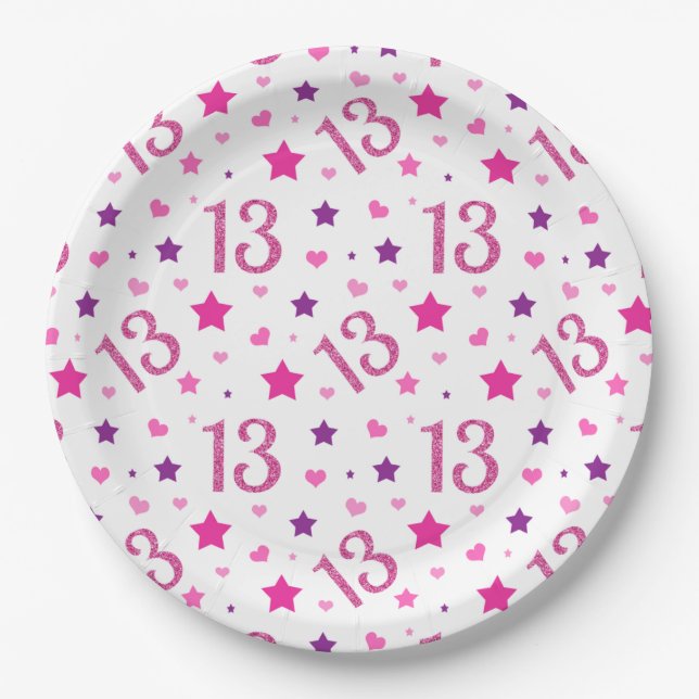 13th Birthday Pink Glitter Paper Plates (Front)