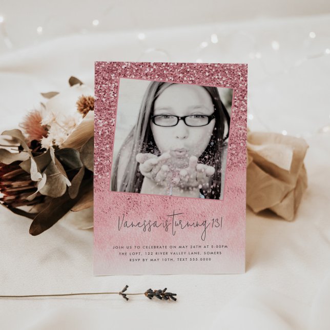 13th Birthday Pink Glitter Teen Photo Invitation (Creator Uploaded)