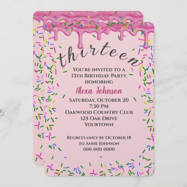 13th Birthday Pink Icing And Sprinkles Invitation (Front/Back)