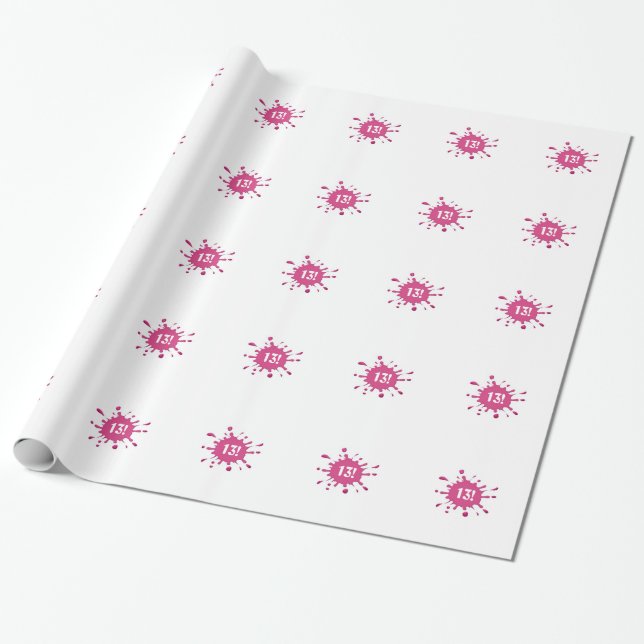 13th birthday, pink paint splash gift wrap. wrapping paper (Unrolled)