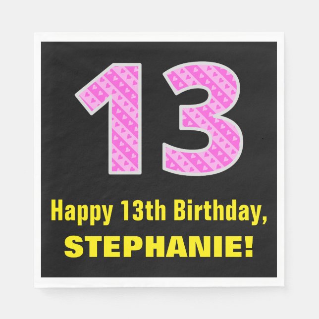 13th Birthday: Pink Stripes and Hearts "13" + Name Napkin (Front)