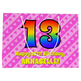 13th Birthday: Pink Stripes & Hearts, Rainbow # 13 Large Gift Bag