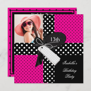 13th Birthday Polka Dot Hot Pink Black White Invitation
