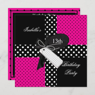 13th Birthday Polka Dot Hot Pink Black White Invitation