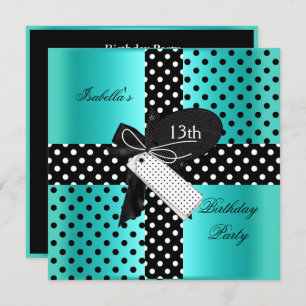 13th Birthday Polka Dot Teal Blue Black White Invitation