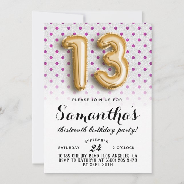 13th Birthday Polkadot Glitter Invitation (Front)