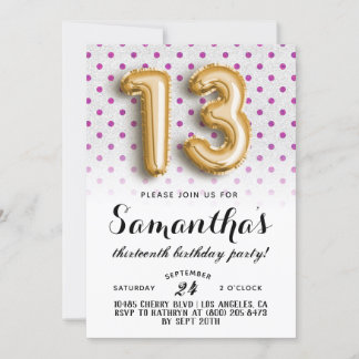 13th Birthday Polkadot Glitter Invitation