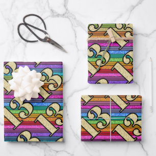 13th Birthday Rainbow Stripe Gold Numbers Glitter  Wrapping Paper Sheet