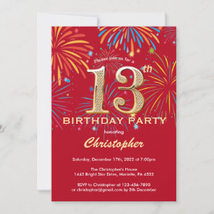 13th Birthday Red and Gold Rainbow Fireworks Invitation