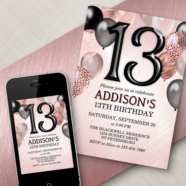 13th Birthday Rose Gold Balloons Invitation (Creator Uploaded)