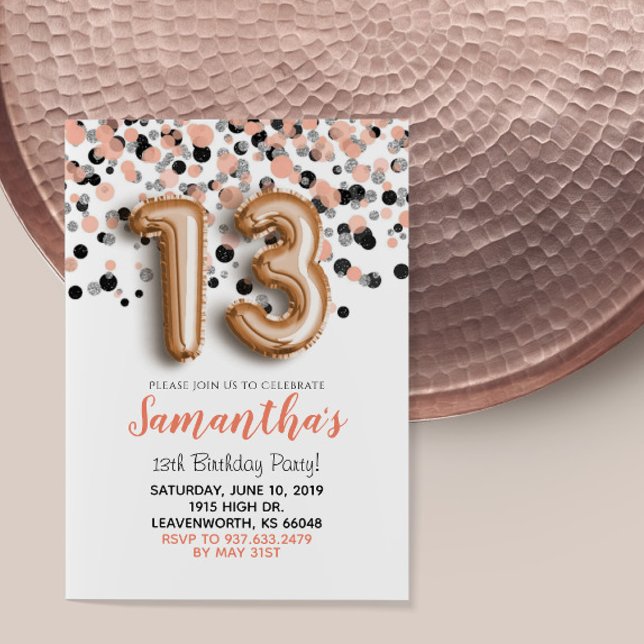 13th Birthday Rose Gold Confetti Invitation (Creator Uploaded)