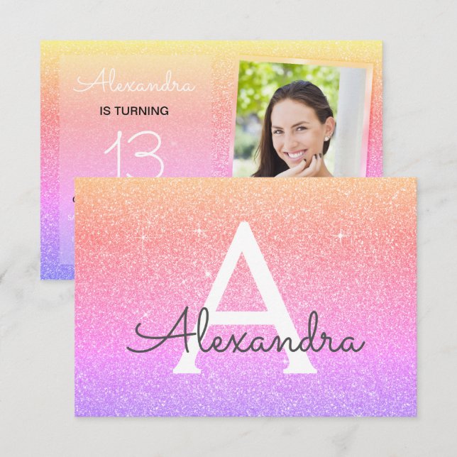 13th Birthday Sparkle Rainbow Photo Invitation (Front/Back)