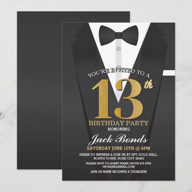 13th Birthday Spy Suit Black tie Gold Teenager 13 Invitation (Front/Back)