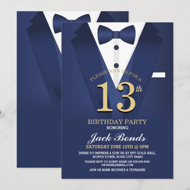 13th Birthday Spy Suit Black Tie Navy Teenager 13 Invitation (Front/Back)