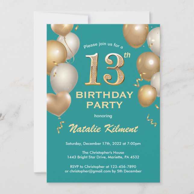13th Birthday Teal and Gold Glitter Balloons Invitation (Front)