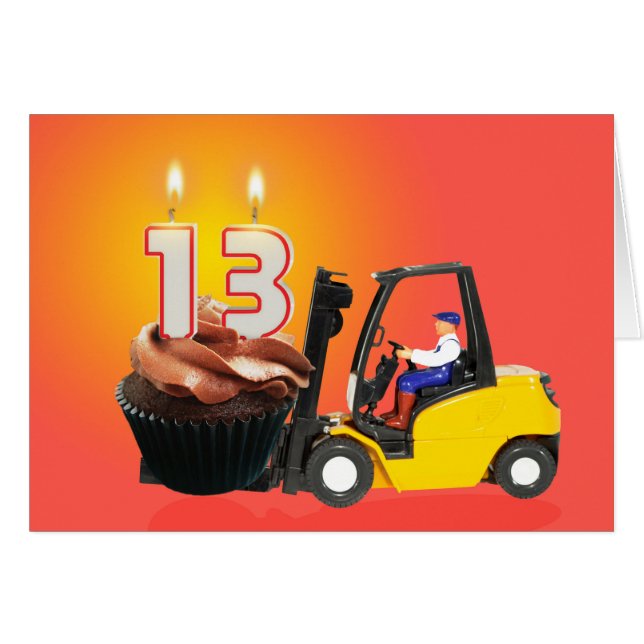 13th Birthday with Cupcake,Candles and Forklift (Front Horizontal)