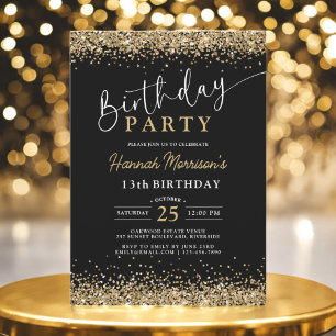 13th Black Gold Glitter Any Age Birthday Invitation