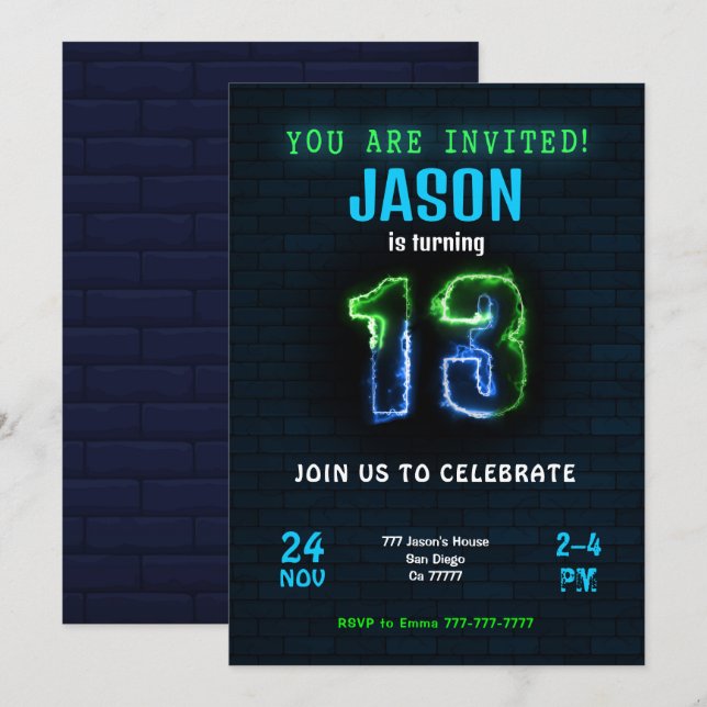 13th Boy Birthday Invitation (Front/Back)