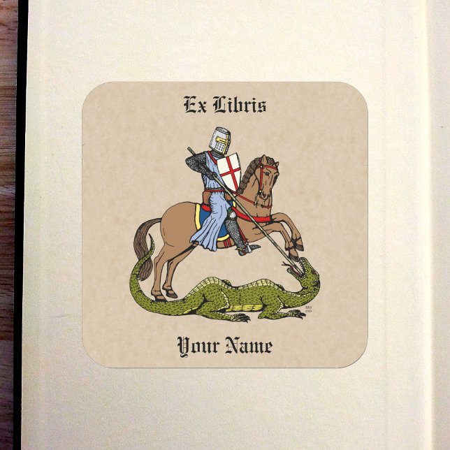 13th Century Saint George and the Dragon Bookplate Square Sticker (13th Century Saint George and the Dragon Bookplate in Old Book)