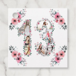 13th Girl Birthday Photo Collage Pink Flower White Favour Tags