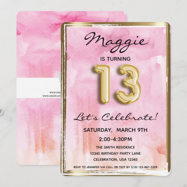 13th Girl Birthday Pink and Gold Invitation (Front/Back)