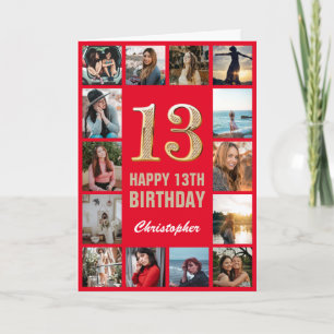13th Happy Birthday Red and Gold Photo Collage Card