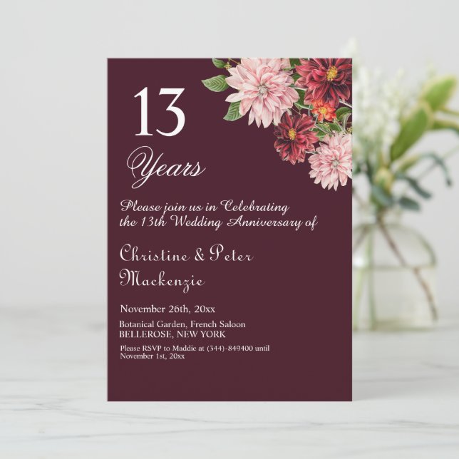 13th Lace Wedding Anniversary Burgundy Floral Invitation (Standing Front)