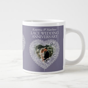 13th Lace Wedding anniversary heart photo grey Large Coffee Mug