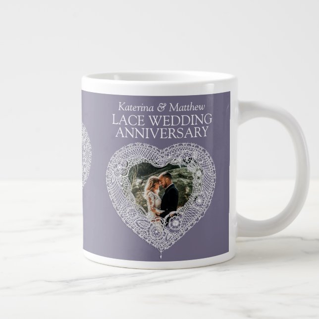 13th Lace Wedding anniversary heart photo grey Large Coffee Mug (Right)