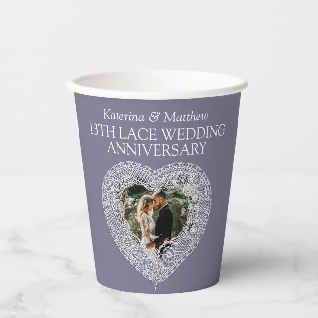 13th Lace Wedding anniversary heart photo grey Paper Cups (Front)