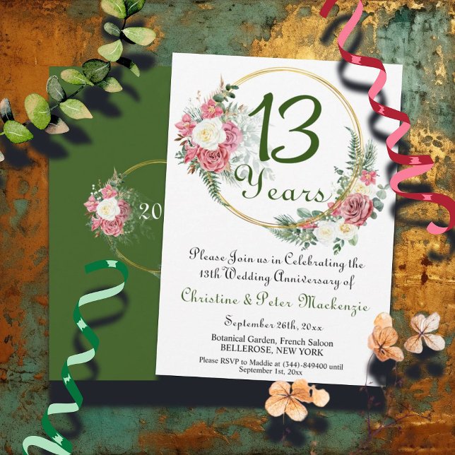 13th Lace Wedding Anniversary Roses Gold Frame Invitation (Creator Uploaded)