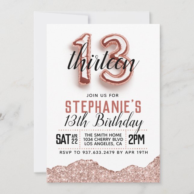 13th Rose Gold Birthday Invitation (Front)