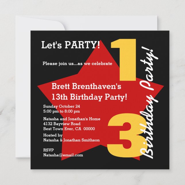 13th Teen Birthday Modern Black Red Gold Star B02 Invitation (Front)