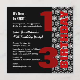 13th Teen Birthday Modern Black White Stars G405 Invitation