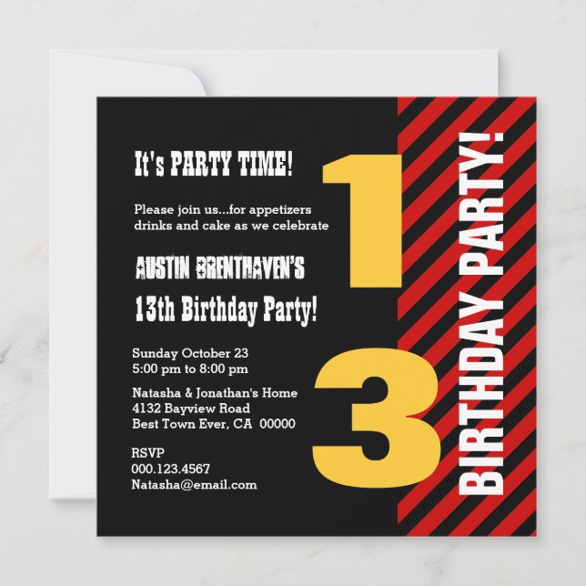 13th Teen Birthday Modern Red Black STripes A05 Invitation (Front)