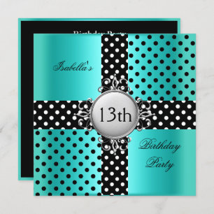 13th Teen Birthday Party Teal Blue Black Polka Dot Invitation