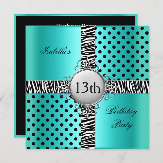 13th Teen Birthday Party Teal Blue Black Zebra Invitation (Front/Back)