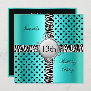 13th Teen Birthday Party Teal Blue Black Zebra Invitation
