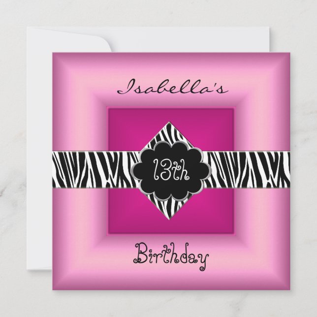 13th Teen Birthday Wild Pink Animal Black 5 Invitation (Front)