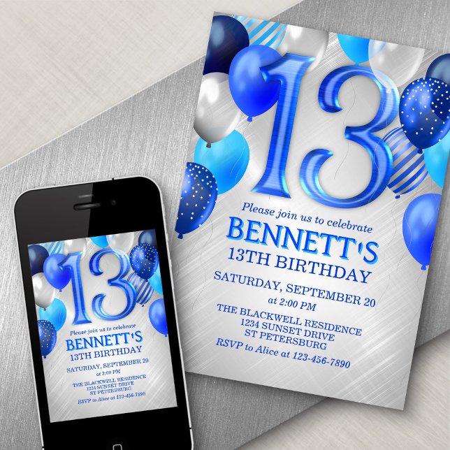 13th Teen Boy Blue Birthday Invitation (Creator Uploaded)
