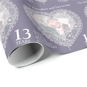 13th wedding anniversary lace heart photo wrap wrapping paper